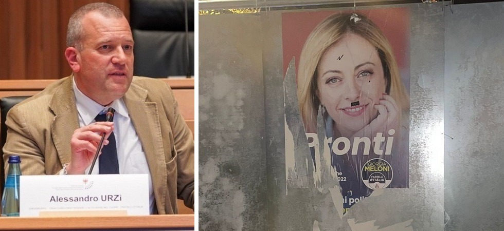 A sinistra Urzì a destra un manifesto imbrattato (foto fornita da Fratelli d'Italia) A sinistra Urzì a destra un manifesto imbrattato (foto fornita da Fratelli d'Italia)